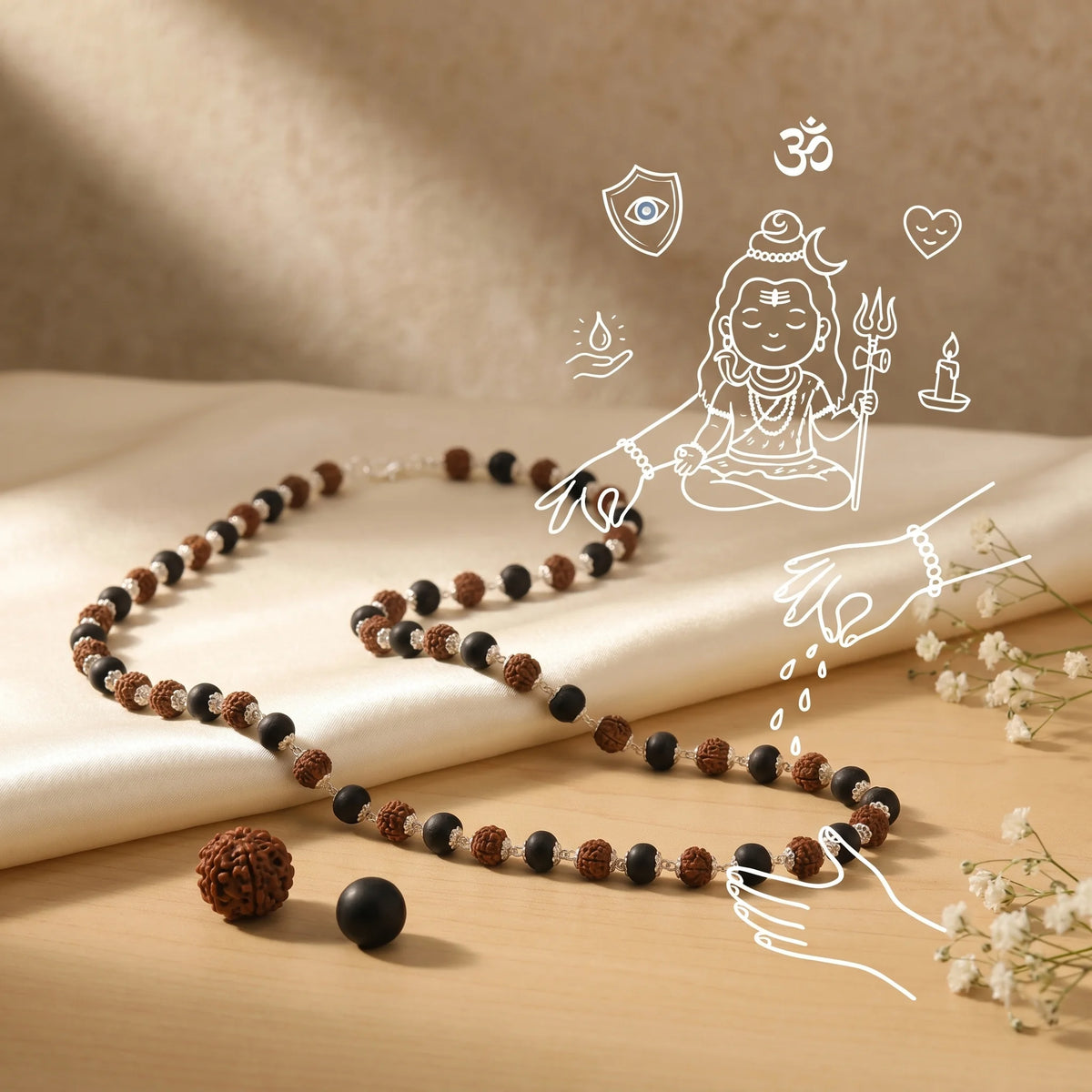 GemSense Rudraksha and Karungali (ebony) combination mala — natural, lab-tested