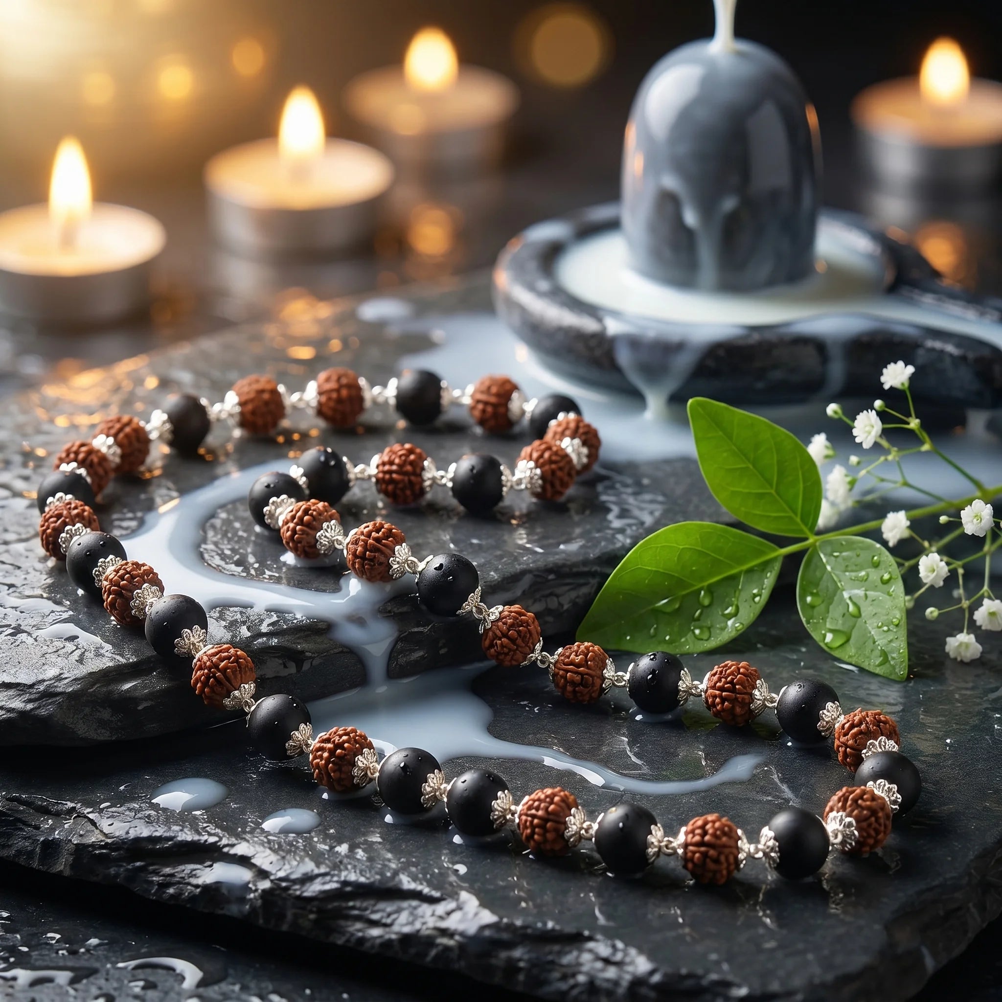 Natural Rudraksha and Karungali (ebony) combination mala close-up — bead detail, GemSense