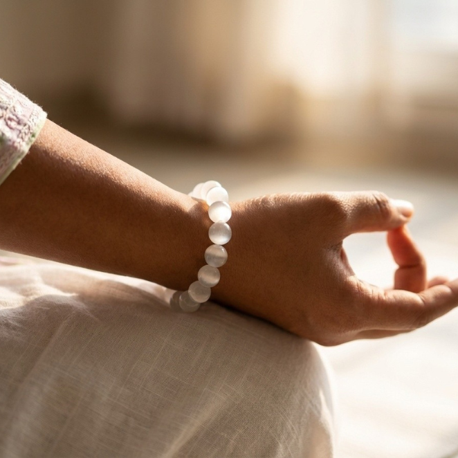 GemSense Selenite crystal bracelet — natural, SGL lab-certified