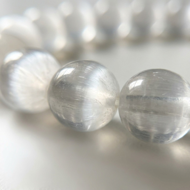 Natural Selenite crystal bracelet close-up — bead detail, GemSense