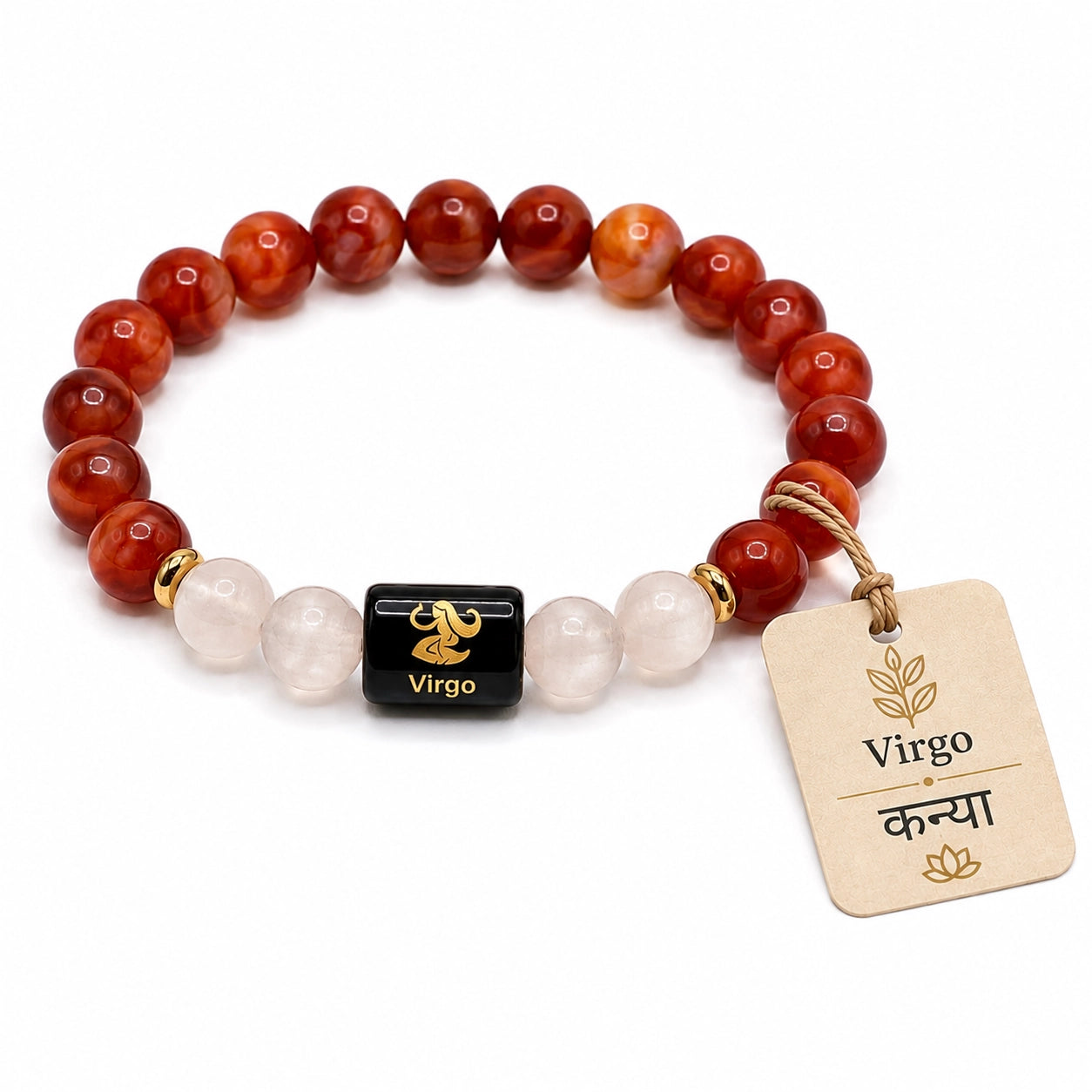 GemSense Virgo zodiac bracelet — natural carnelian and milky quartz beads with engraved golden Virgo glyph and Kanya Rashi tag