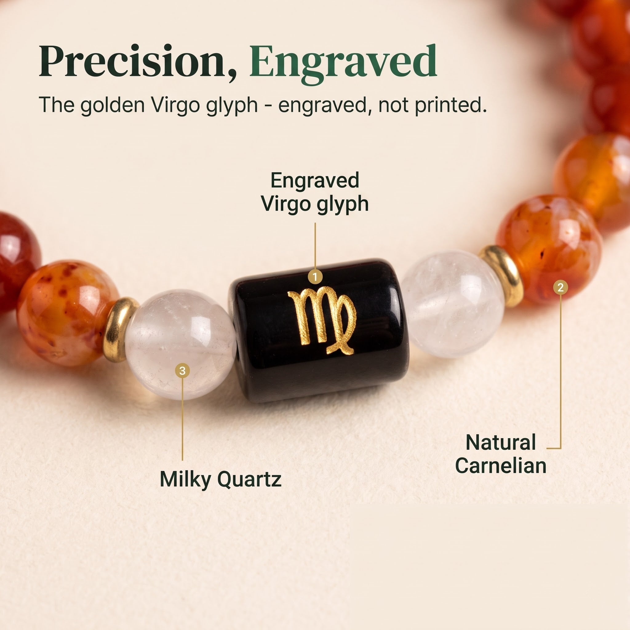 Engraved golden Virgo glyph on black bead between milky quartz and natural carnelian — GemSense Kanya Rashi bracelet