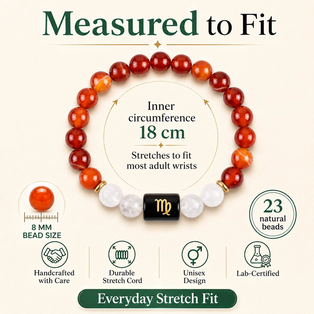 GemSense Virgo bracelet size guide — 8mm beads, 18 cm stretch fit, 23 natural beads, unisex