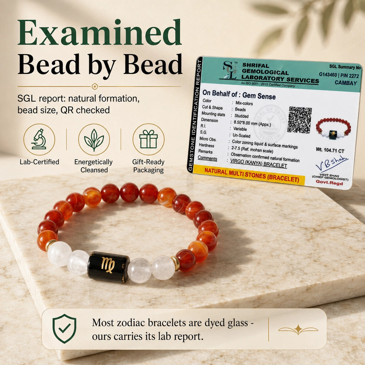 Certificate of Authenticity for Virgo Zodiac Bracelet (Kanya Rashi) | Natural Carnelian & Milky Quartz