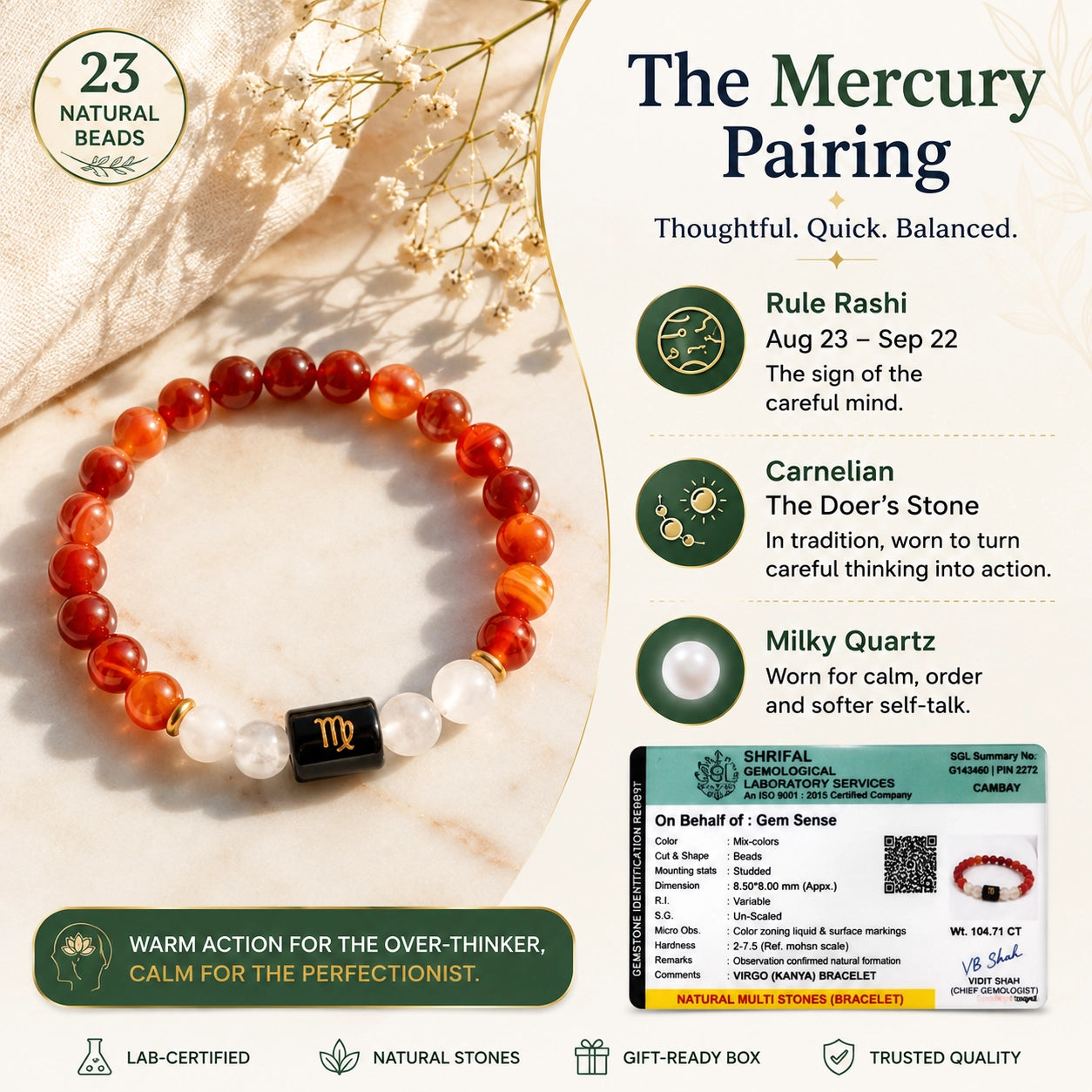 Why carnelian and milky quartz suit Virgo (Kanya Rashi) — the Mercury pairing, GemSense infographic