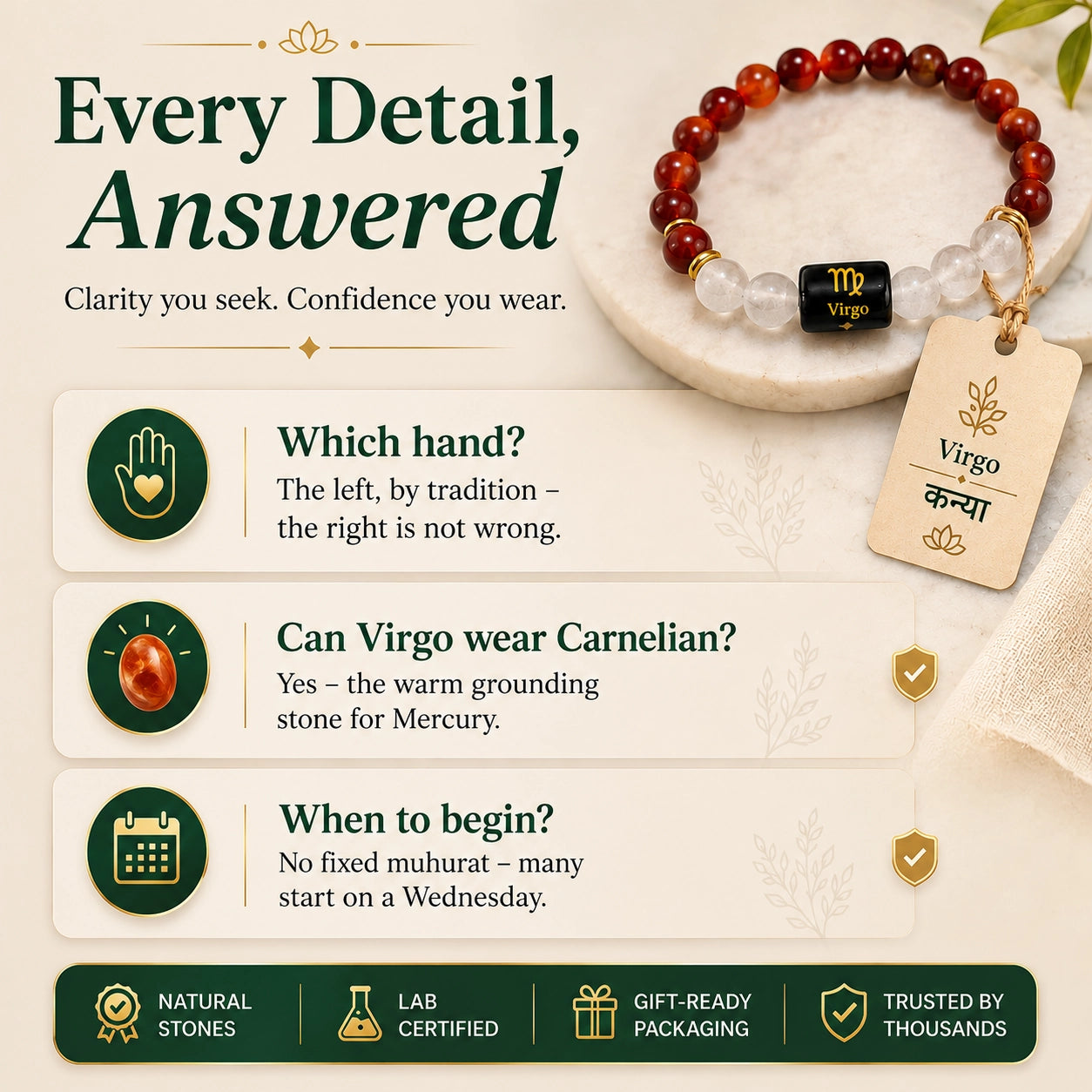 Virgo bracelet questions answered — which hand, can Virgo wear carnelian, when to begin — GemSense